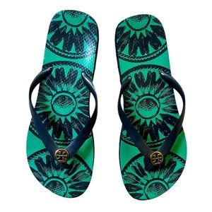 Tory Burch Navy Blue / Green Daisy Pronted Rubber Thongs Flip Flops, sz 9/9.5